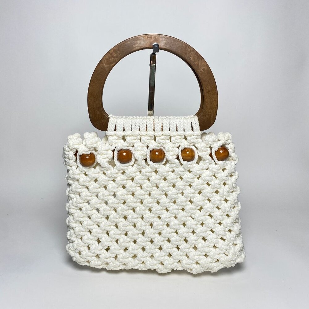 Vintage Handmade Crochet Handbag Double Wooden Handles Brown Beads Boho